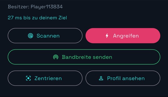 Infokarte eines Slots auf der Karte mit den Buttons Scannen, Angreifen und Zentrieren.