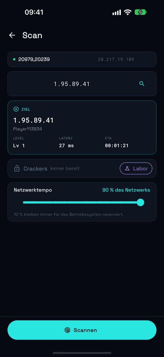 Scan-Bildschirm mit IP, Level, Latenz und ETA des Ziels sowie dem Netzwerktempo.