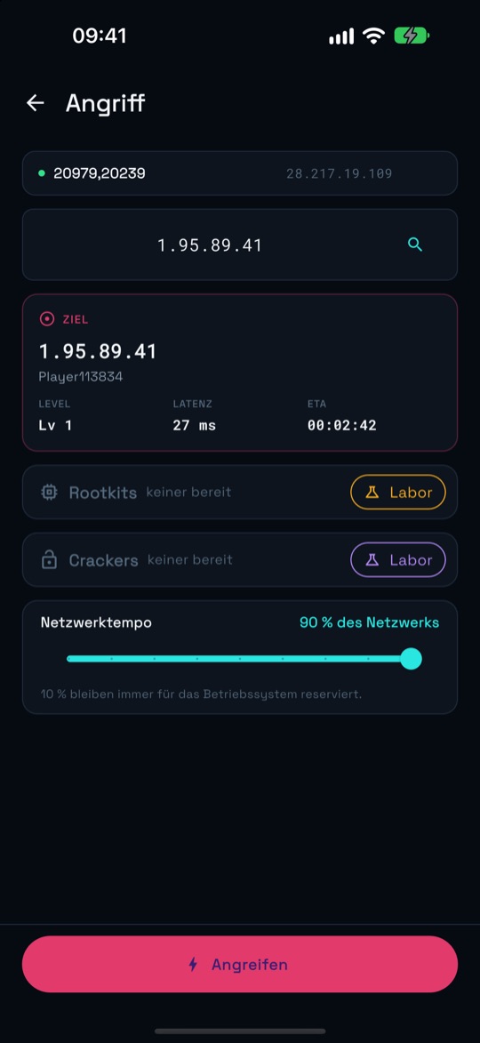 Angriffsbildschirm mit Ziel, Rootkit-Auswahl und Netzwerktempo.