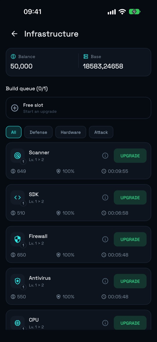 Infrastructure screen with the module list (Scanner, SDK, Firewall, Antivirus, CPU) and upgrade buttons.