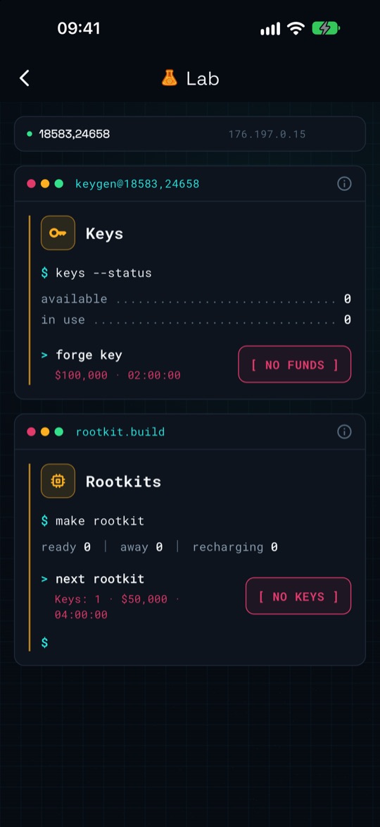 Lab with the Keys and Rootkits panels, showing available and in-use keys and the forge button.
