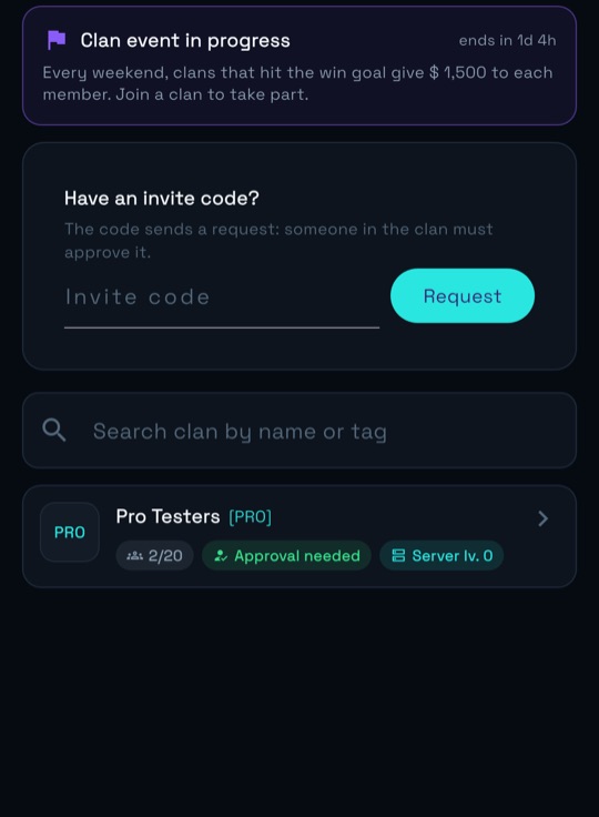 Clan screen with search, invite code and the list of clans with their server level.