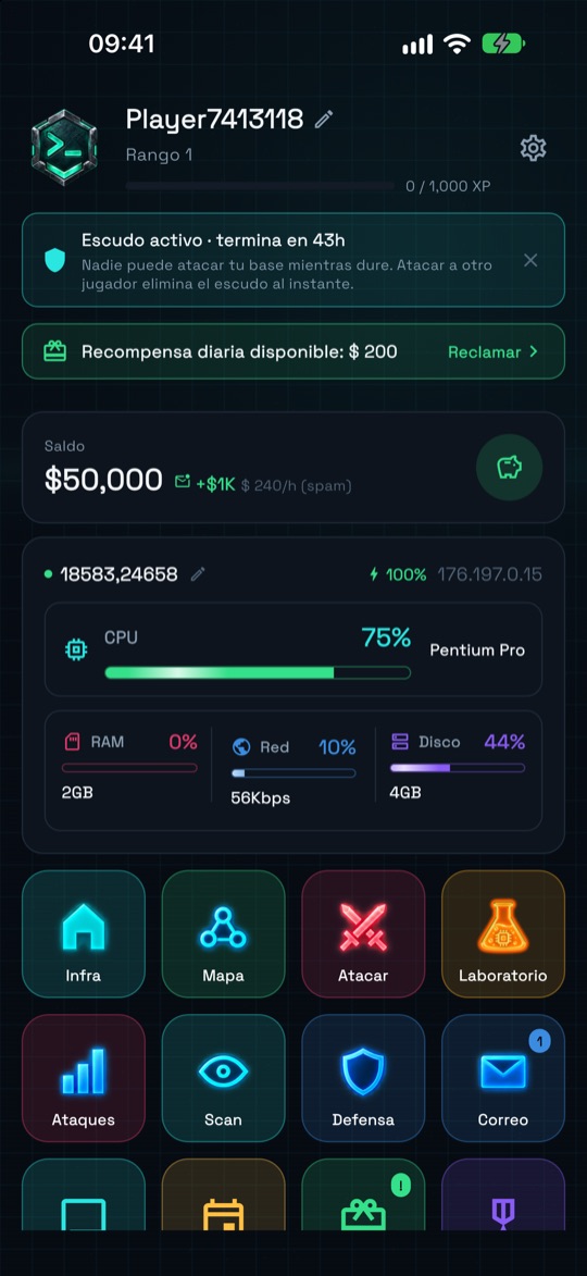 Pantalla de inicio de la app con saldo, CPU, RAM, red, disco y los accesos Infra, Mapa, Atacar y Laboratorio.