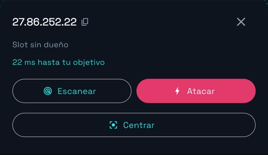 Ficha de un slot en el mapa con los botones Escanear, Atacar y Centrar.