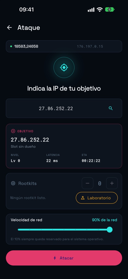 Pantalla de Ataque con el objetivo, el selector de rootkits y la velocidad de red.