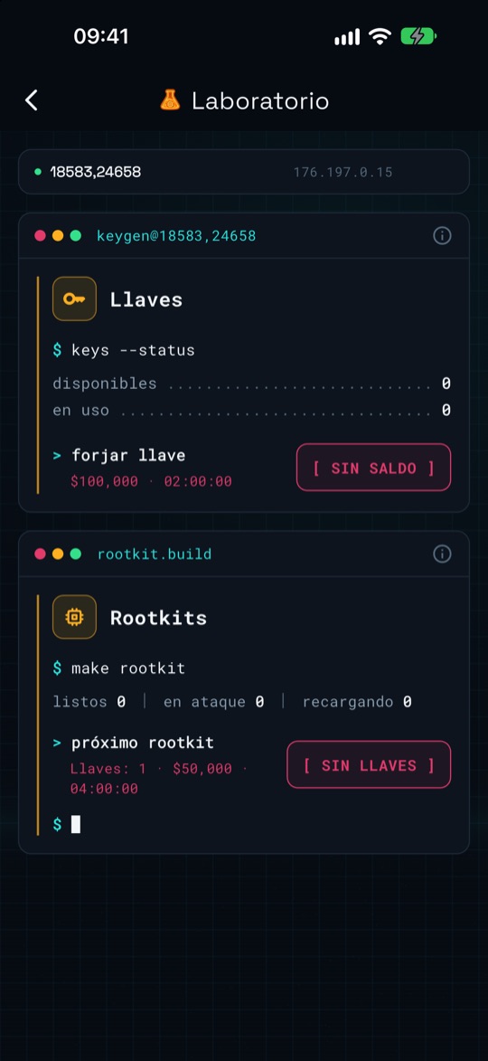 Laboratorio con los paneles Llaves y Rootkits, que muestran llaves disponibles, en uso y el botón de forjar.