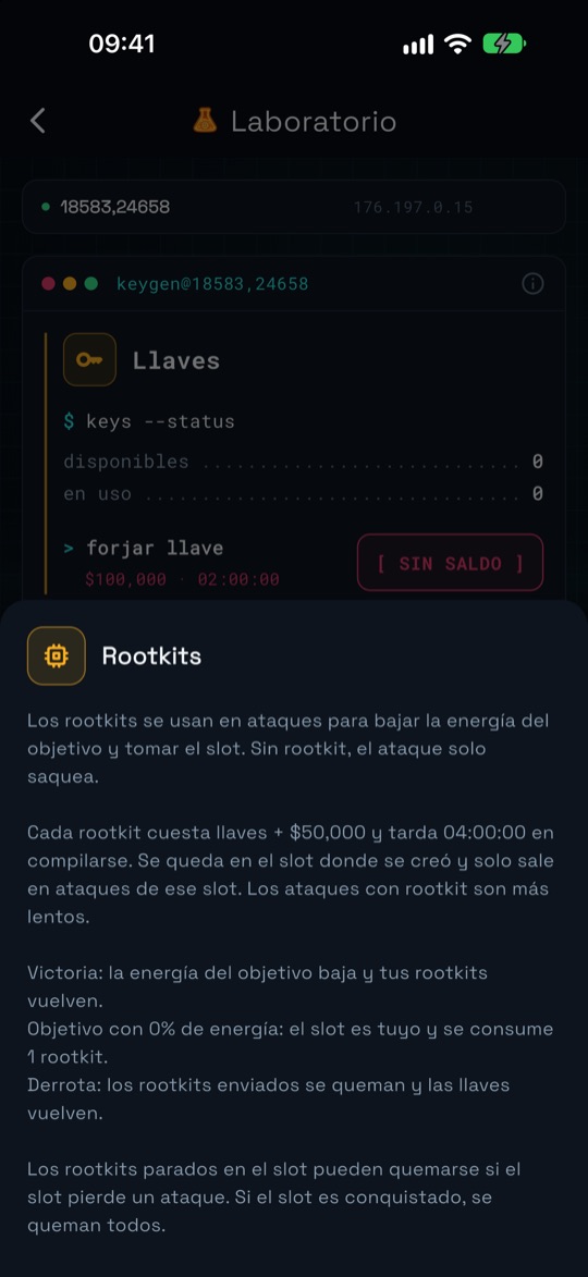 Hoja de ayuda de los Rootkits que explica su uso en ataques y qué pasa en una victoria, una conquista y una derrota.