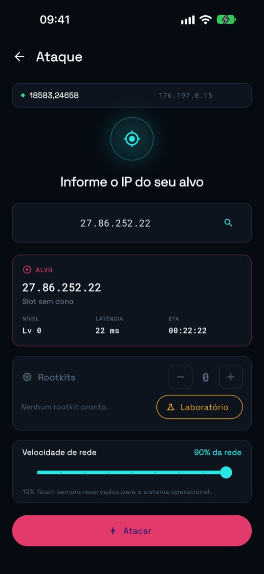 Tela de Ataque com o alvo, o seletor de rootkits e a velocidade de rede.