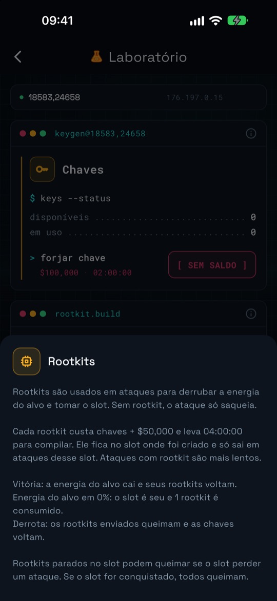 Janela de ajuda dos Rootkits explicando o uso em ataques, o que acontece na vitória, na conquista e na derrota.